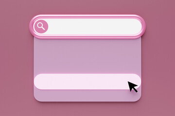 3D illustration search frame, box, panel on the internet with a magnifying glass icon, a large white field for choosing from options on a pink background
