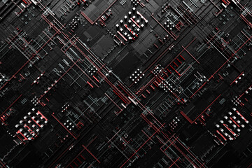 3D illustration of the Close up of the red and black  cyber armor on neon lights. Abstract Graphics in the style of computer games.