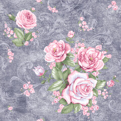Beautiful pink roses on a background of rough concrete walls. Seamless digital pattern.