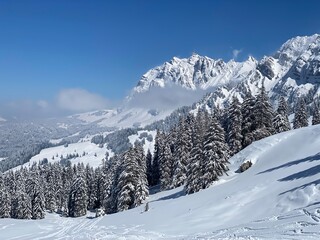 Snow-capped alpine peak Säntis (Saentis or Santis, 2502 m) in Alpstein mountain range and in Appenzell Alps massif, Alt St. Johann - Canton of St. Gallen, Switzerland (Schweiz)