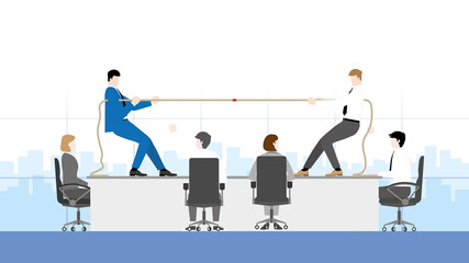 Business competition concept. Two businessmen, boss, employees, and salarymen fighting a tug of war in an office workplace. Conflict, confrontation and contest of career competing in the working day.