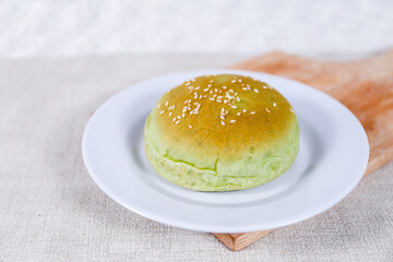 Green Pandan burger buns with sesame set with copy space for text