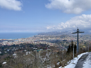 Aerial view of buildings and the ropeway Batumi City center and Anuria Mountain in Georgia