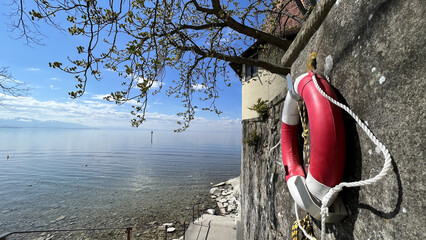 Red and white lifebuoy hung on a wall next to a body of water