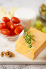 Cheese platter with organic cheeses - blue cheese cheddar, emmantaler, french soft cheese with strong smell, italian parmesan, grapes, tomatoes, olives, nuts and crackers on marble board