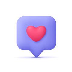 Love like heart social media notification, speech bubble with like.Social media network. 3d vector icon. Cartoon minimal style. - obrazy, fototapety, plakaty