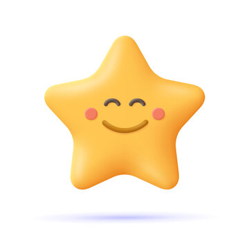 Yellow star, happy emoji. Smiley face emoticon. 3d vector icon. Cartoon minimal style.
