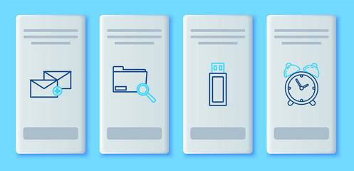 Set line Search concept with folder, USB flash drive, Envelope and Alarm clock icon. Vector