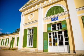 Frantiskovy Lazne, Western Bohemia, Czech Republic, 14 August 2021: Colonnade of Salt and Meadow mineral Spring, Kolonada Solny a Lucni pramen, Spring Adler, spa park, spa town Franzensbad, sunny day