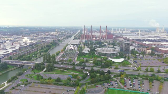 Wolfsburg, Germany: Aerial view of industrial city in Lower Saxony - landscape panorama of Europe from above