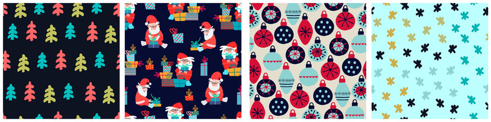 Seamless patterns set. Hand drawn baubles decorated in Scandinavian style on light blue background. Christmas, New Year, winter holidays concept. For wrapping paper, other design projects