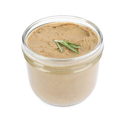 Glass jar with tasty liver pate and rosemary on white background - obrazy, fototapety, plakaty