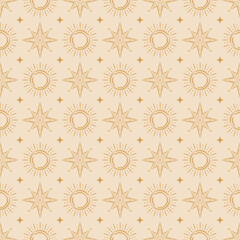 Seamless pattern with sun and moon. Contemporary composition. Boho wall decor. Mid century art print. Trendy texture for print, textile, packaging, giftware