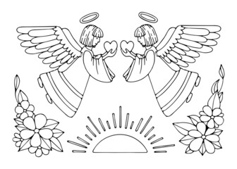 Coloring page angels give peace and love. Holy guardian angel in heaven. Hand drawn vector line art illustration. Coloring book for children and adults. Black and white sketch.