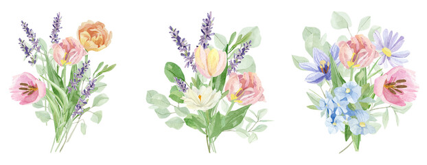 Obraz na płótnie Canvas Watercolor floral bouquet set with crocus and lavender, tulips, wildflowers, green leaves, for wedding invitation, greeting card, baby shower, banner, logo design. Beautiful stock illustration.