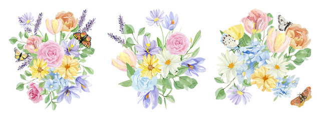 Watercolor floral bouquet set with crocus and lavender, tulips, wildflowers, green leaves, for wedding invitation, greeting card, baby shower, banner, logo design. Beautiful stock illustration.