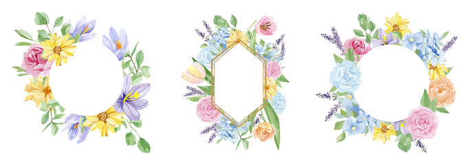 Watercolor floral bouquet set with crocus and lavender, hydrangea,  wildflowers, green leaves, for wedding invitation, greeting card, baby shower, banner, logo design. Beautiful stock illustration.