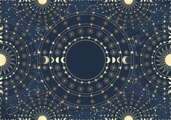 Hand drawn card of golden Sun, Moon, star, constellation. Constellation celestial space. Zodiac horoscope symbol, star astrology, astrology sign, icon. Magic space galaxy, vector sketch illustration