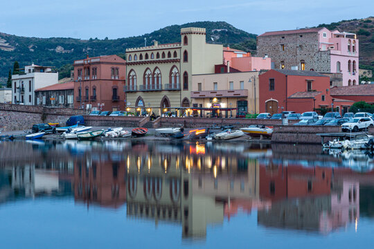 Row of buildings lining the Temo River in the town of Bosa, Sardinia