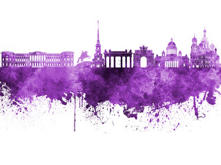 Fototapeta premium Saint Petersburg skyline in purple watercolor on white background