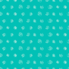 Seamless pattern with hand drawn meadow flowers in Ditzy style. Outlined illustrations on sky blue background for surface design and other design projects