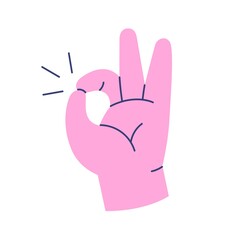 Hand showing OK gesture, accepting, approving, agreeing to smth. Okay fingers sign icon. Good great positive signal of satisfaction. Colored flat vector illustration isolated on white background