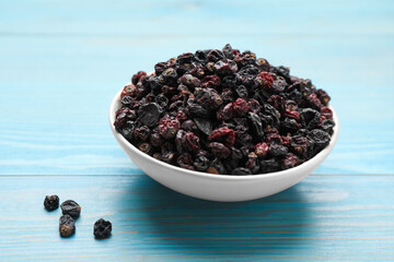 Bowl of dried black currant berries on light blue wooden table