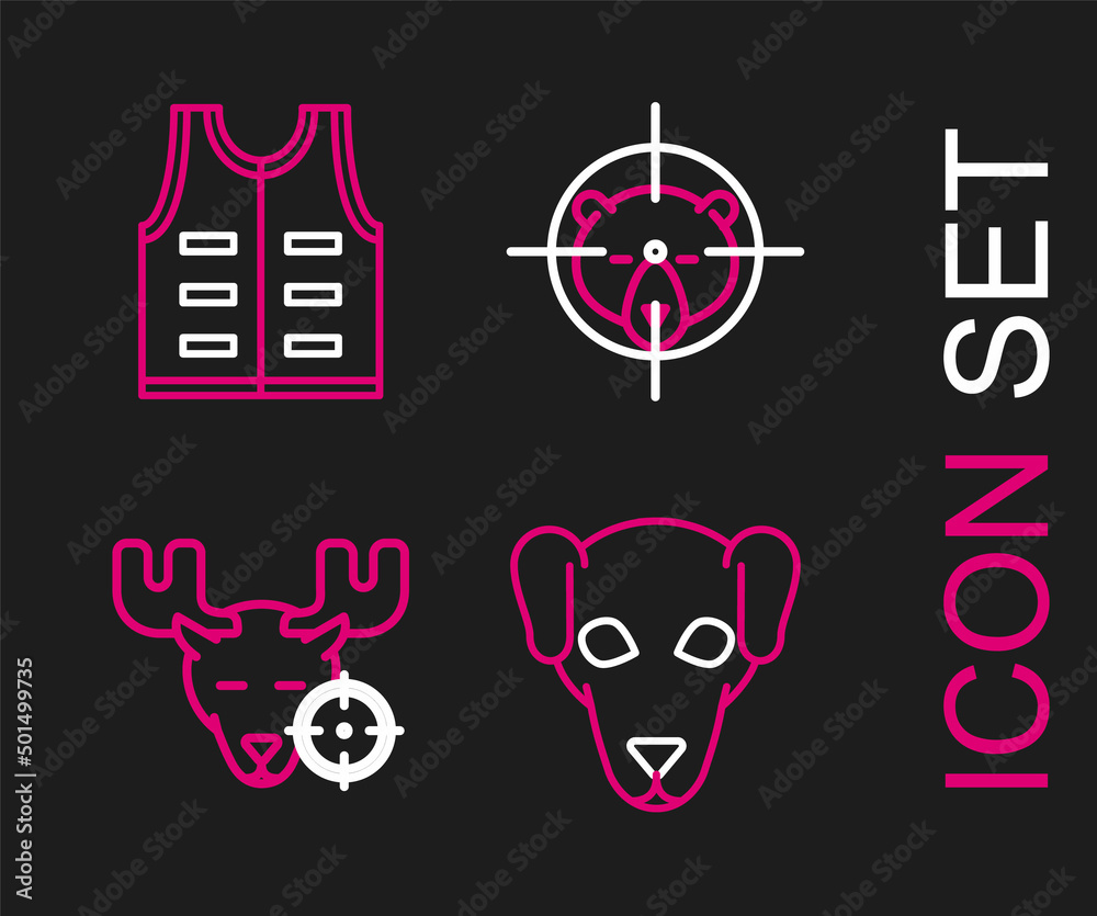 Sticker Set line Hunting dog, on moose with crosshairs, bear and jacket icon. Vector