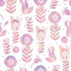 Seamless pattern with flowers. Raster illustration for packaging design, wrapper, scrapbooking or postcard. Watercolor blue and beige flowers on a light background.