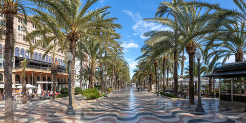 Alicante Alacant town city boulevard Esplanada d'Espanya with palms travel traveling holidays vacation panorama in Spain