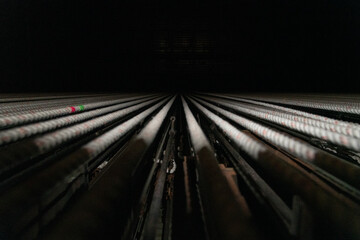 Closeup shot of theatre stage rigging ropes for hanging scrims - obrazy, fototapety, plakaty