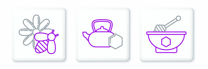 Fototapeta premium Set line Honey dipper stick and bowl, Bee flower and Tea kettle with honey icon. Vector