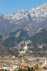 Fototapeta na wymiar Castello di Avio castle landscape scenery Trento province Alps mountains portrait format in Italy