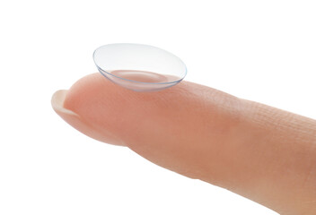 Woman holding contact lens on white background, closeup