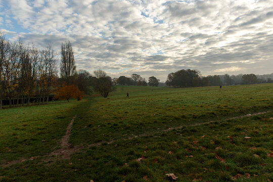 Beautiful cloudscape above the green lawn in the park. London, Brixton.