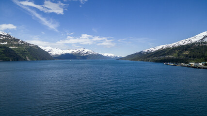 Aerial shot of the Prince William Sound in Whittier, Alaska in the summer
