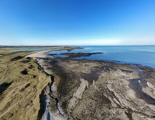 Aerial view of the incredible sea and beach on the east coast of Scotland