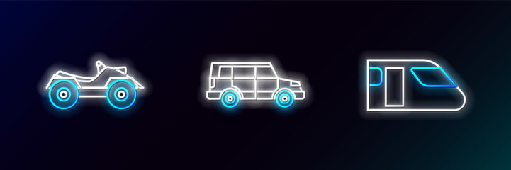 Set line Train, All Terrain Vehicle or ATV motorcycle and Off road car icon. Glowing neon. Vector