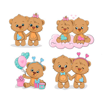 Set of cute cartoon teddy bear in different poses on white background. Love. Couple,Valentines day. Vector illustration