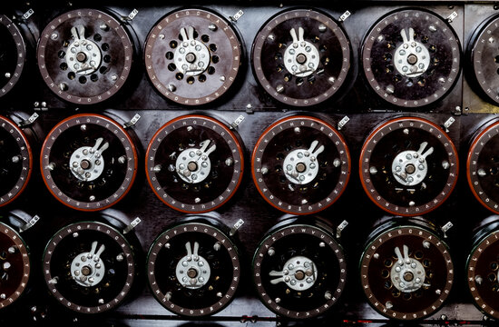Closeup shot of indicator dials from the famous Bombe machine at Bletchley Park
