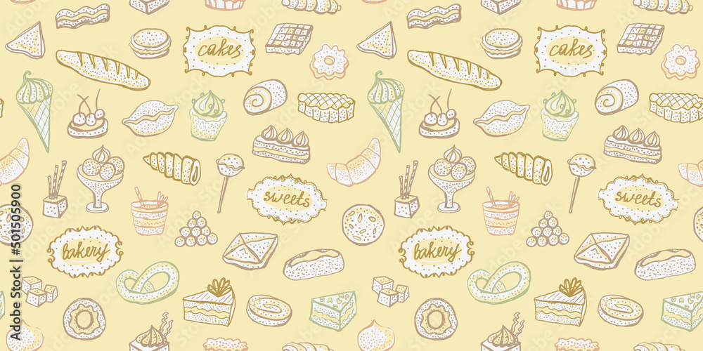 Sticker Seamless pattern with desserts and baked goods, art doodle style hand drawn sketch