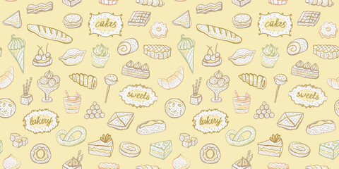 Seamless pattern with desserts and baked goods, art doodle style hand drawn sketch