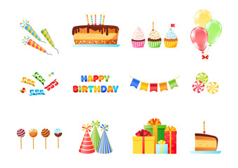 Birthday party icon set. Collection of bright festive illustrations of bunting flags, gift boxes, helium balloons, serpentine, firecrackers, cupcakes and sweets. Vector 10 EPS.