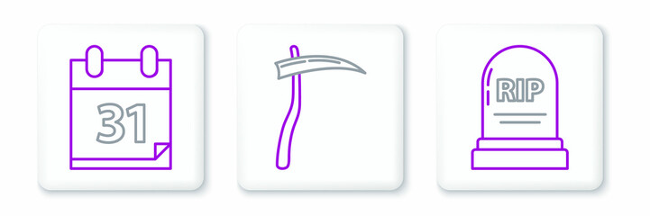 Set line Tombstone with RIP, Calendar Halloween date 31 october and Scythe icon. Vector