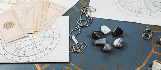 Astrology. Astrologer calculates natal chart and makes a forecast of fate.Tarot cards, Fortune telling on tarot cards magic crystal, occultism, Esoteric background. Fortune telling,tarot predictions. - obrazy, fototapety, plakaty