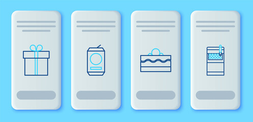 Set line Beer can, Cake, Gift box and Open cigarettes pack icon. Vector