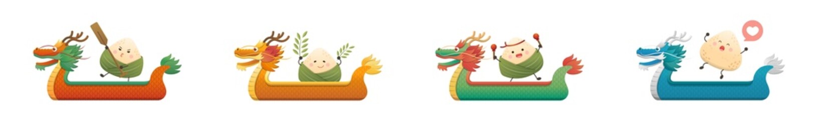 4 Dragon Boat Shapes and Chinese Dragon Boat Festival Traditional Food: Zongzi, Cute and Playful Mascot Characters