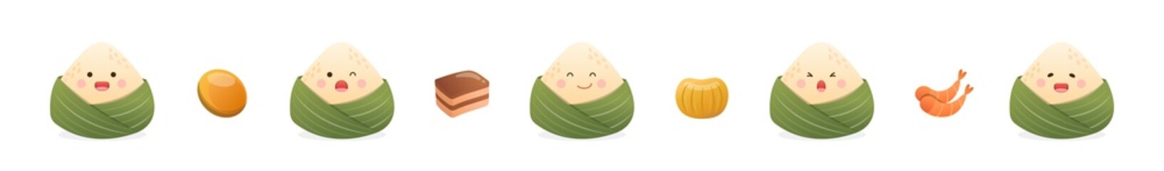 A set of happy dragon boat festival dumplings collection, playful and cute mascot cartoon characters