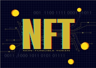 NFT nonfungible tokens text on dark background. Crypto art concept. Pay for unique collectibles in games or art.