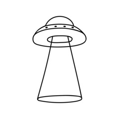 Flying saucer in doodle style. UFO Contour vector drawing. Unidentified spacecraft